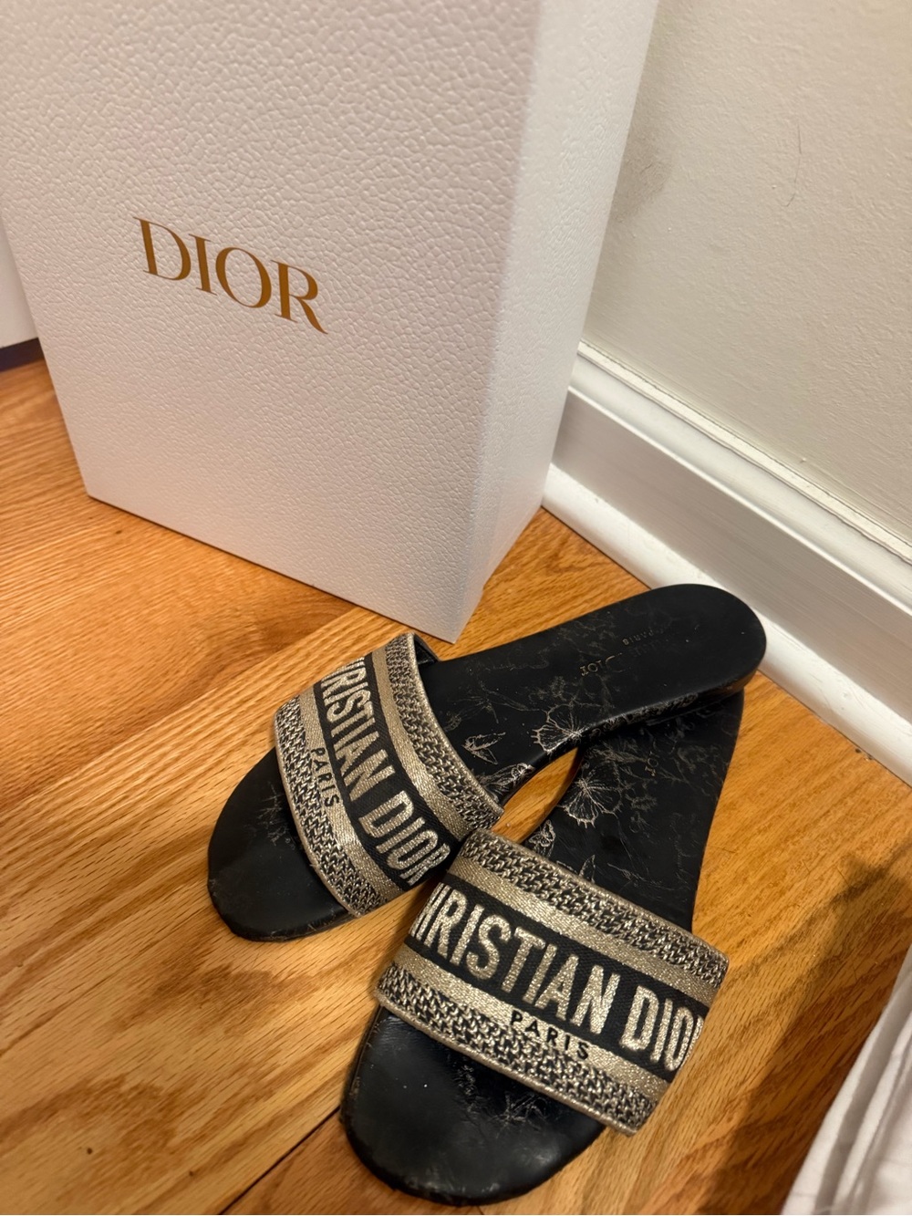 Christian Dior Dway size 38 Black and Gold Logo Slide Mules with box